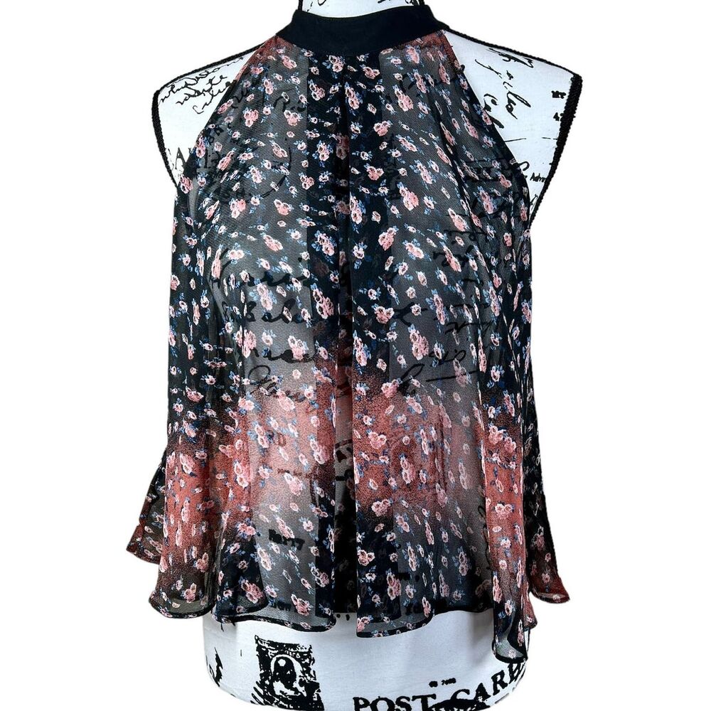 BCBGeneration Black top Pink Sheer Floral Garland Neck Tunic Tank Blouse size S